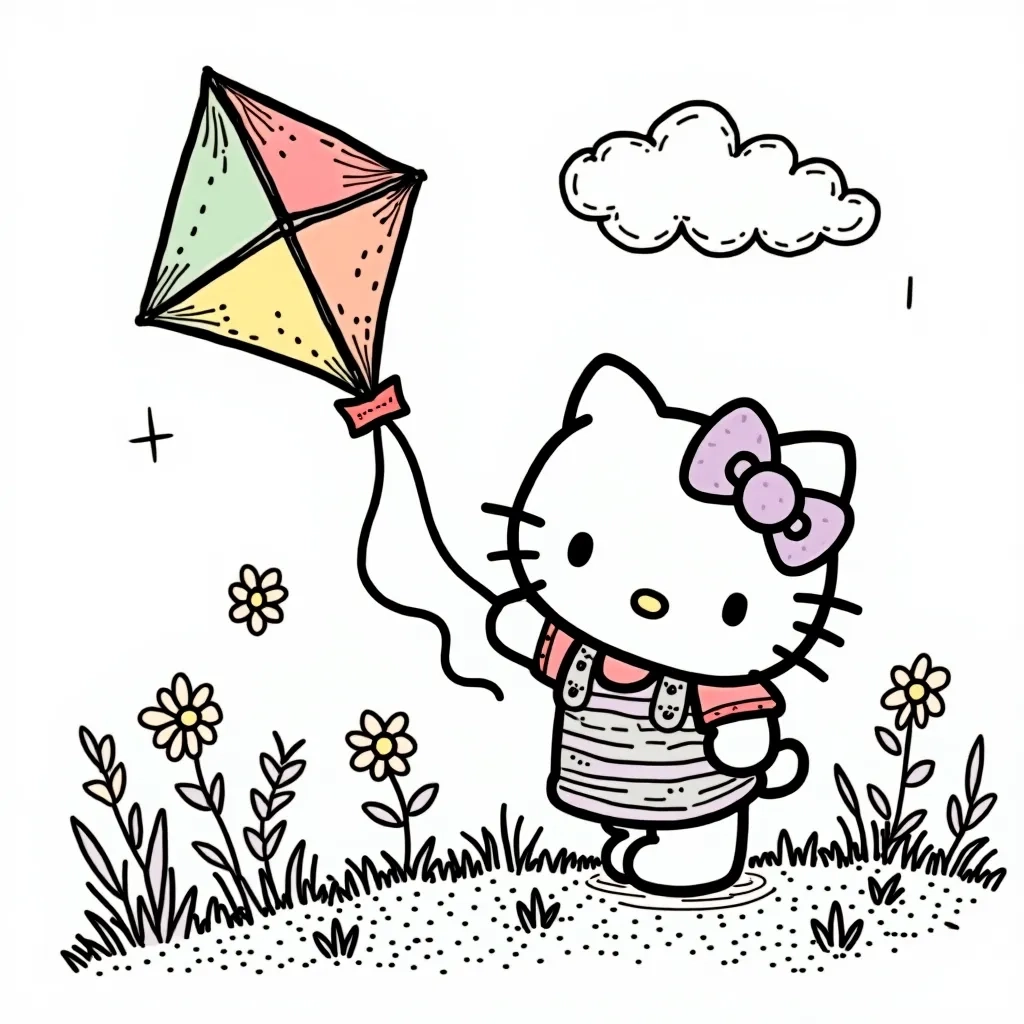 Coloring Page (colored): Hello Kitty Flying a Kite - Show Hello Kitty joyfully flying a large, colorful kite in a bright blue sky with fluffy clouds, enjoying the gentle breeze on a sunny day.