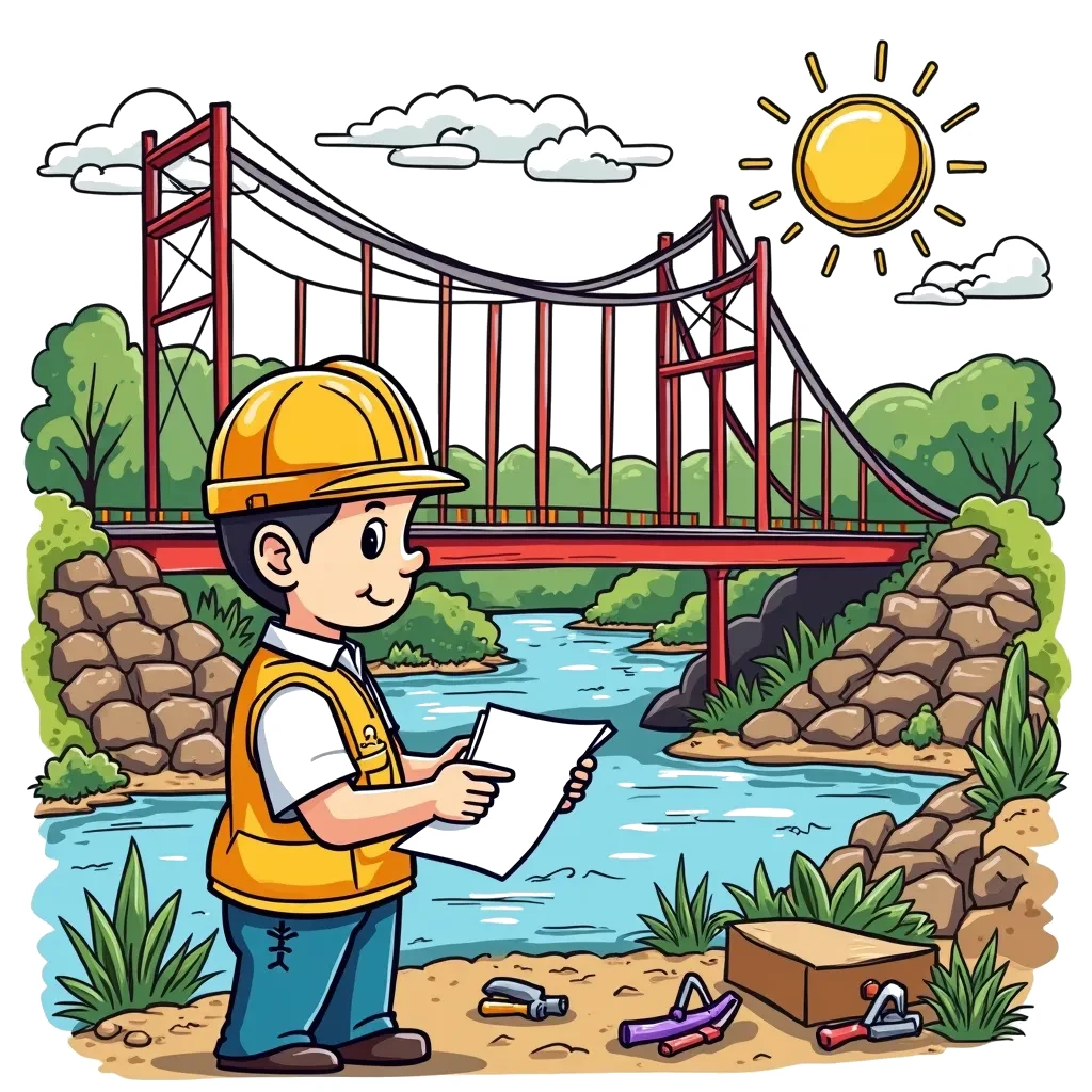 Coloring Page (colored): Engineer at Work - An industrious scene where an engineer is building a colorful bridge over a river. The engineer is examining blueprints, surrounded by construction materials and tools, with a cheerful sun shining in the sky.