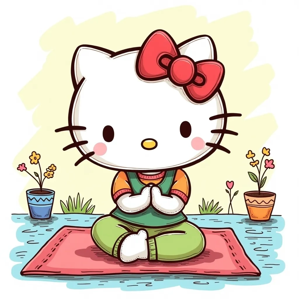 Coloring Page (colored): Hello Kitty in a Yoga Pose - Illustrate Hello Kitty practicing yoga in a serene park, wearing a colorful yoga outfit, with pastel mats and tranquility all around, while little birds sit on nearby branches.