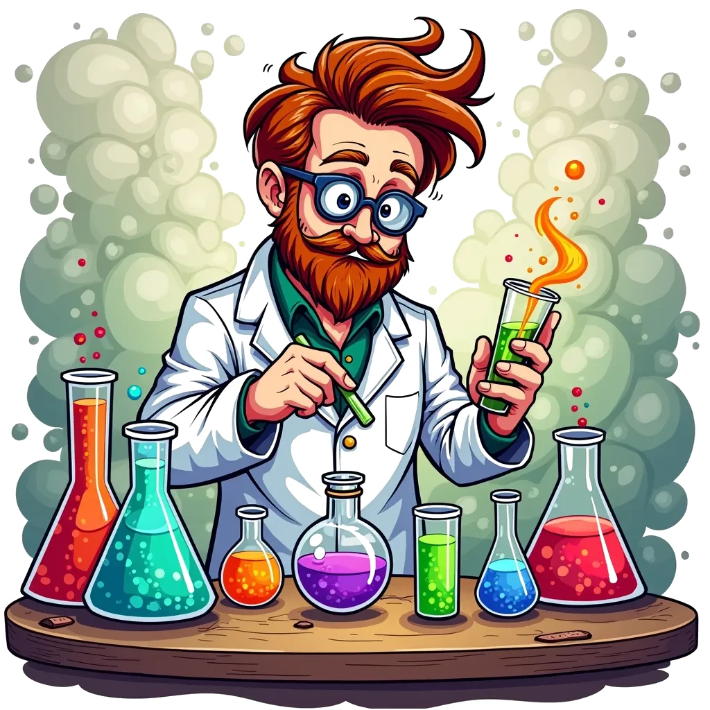 Coloring Page (colored): The Chemist's Laboratory - A chemist is mixing colorful chemicals in test tubes, surrounded by bubbling flasks and beakers. The vibrant colors create a magical atmosphere in the laboratory.