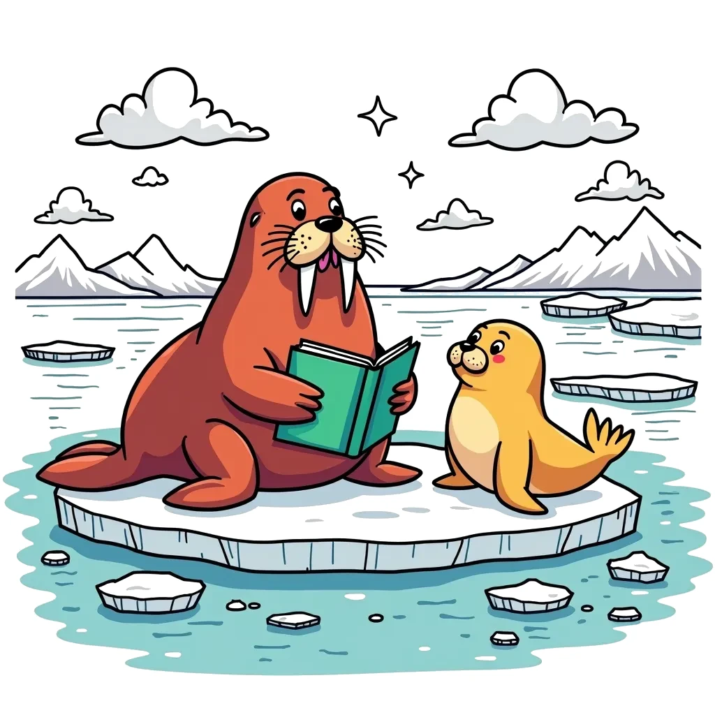 Coloring Page (colored): Walrus Wisdom - A wise old walrus lounging on an ice floe, sharing stories with a young seal who is eager to learn about the Arctic.