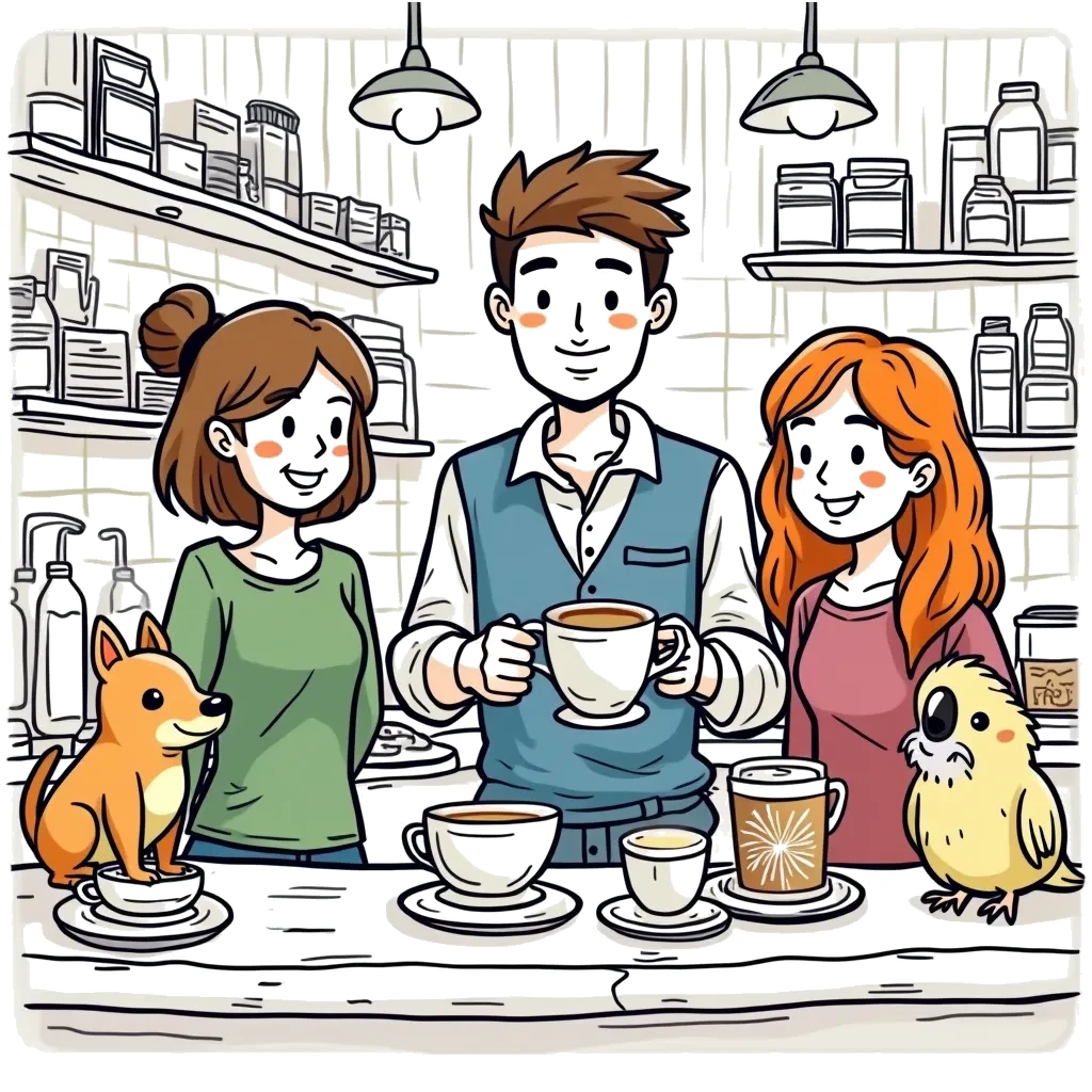 Coloring Page (colored): Busy Day at the Coffee Shop - A friendly barista creates fun latte art while a line of cheerful customers waits with curious pets, including a puppy and a parakeet perched on their shoulders, in a cozy coffee shop.