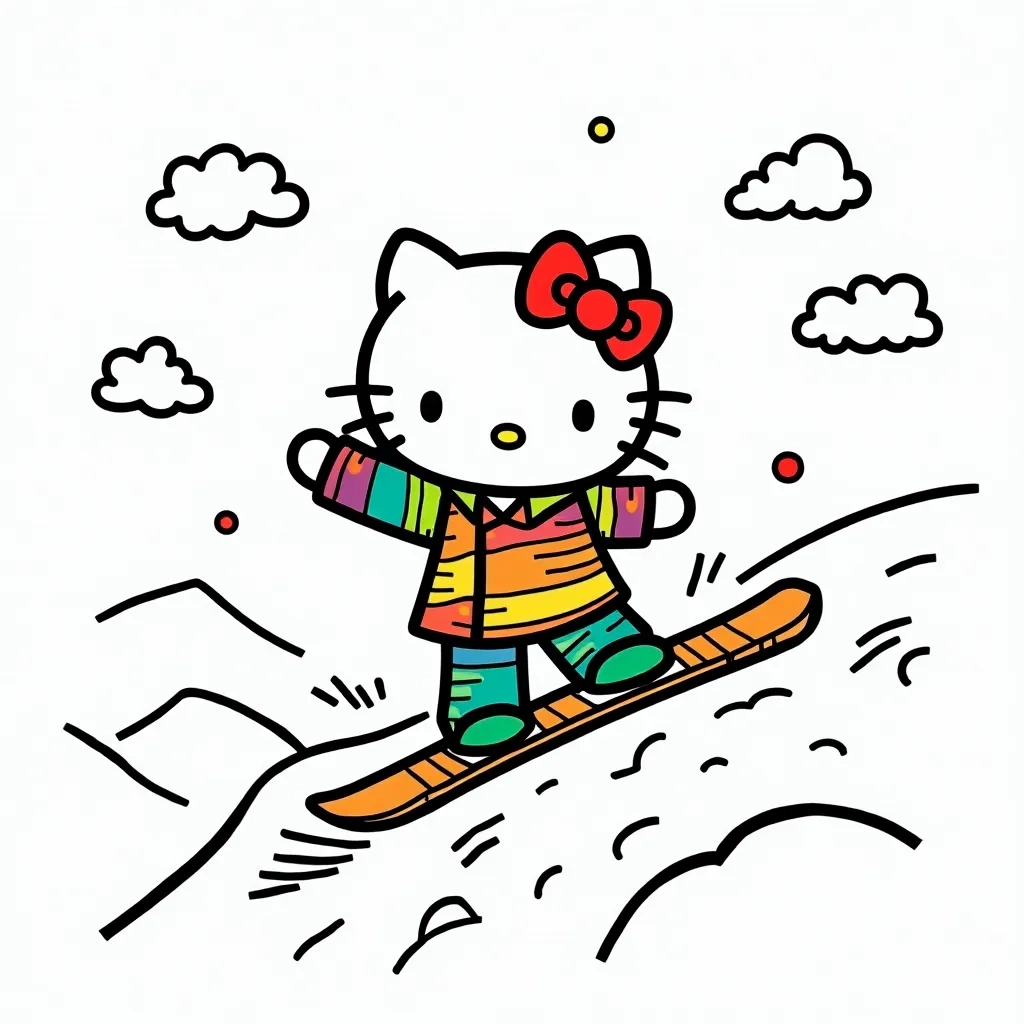 Coloring Page (colored): Hello Kitty Snowboarding - Depict Hello Kitty snowboarding down a snowy hill, wearing a bright winter jacket and colorful goggles, with trees and snowflakes surrounding her.