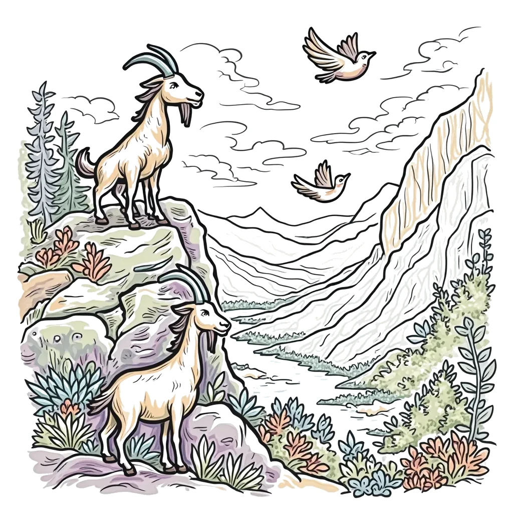 Coloring Page (colored): Goat's Mountain Climb - A determined goat climbing a rocky mountain, looking over a beautiful valley below, with a few adventurous birds flying alongside.