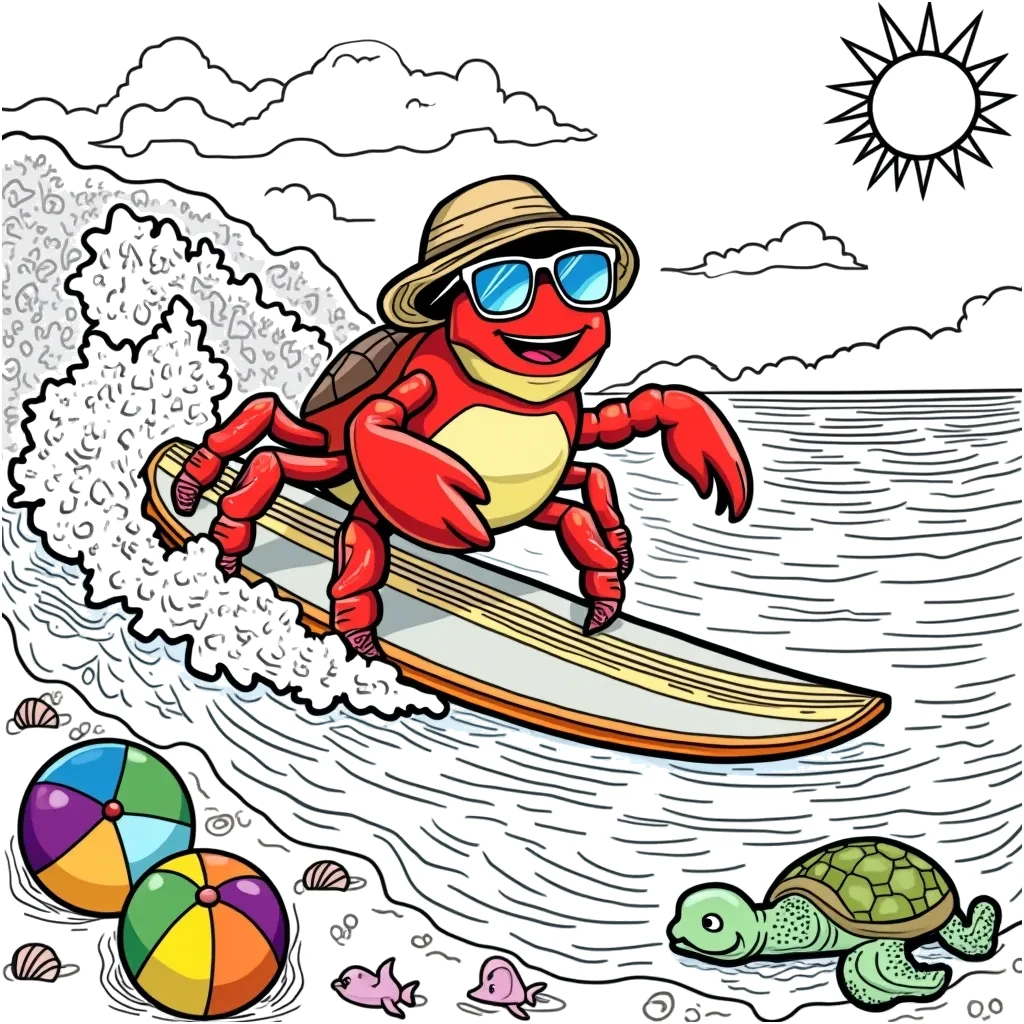 Coloring Page (colored): A Surfing Crab - A cheerful crab riding the waves on a surfboard, wearing sunglasses and a tiny beach hat. The beach is alive with colorful beach balls, seashells, and a bright sun in the sky. Other sea creatures, like fish and turtles, cheer him on from the water.