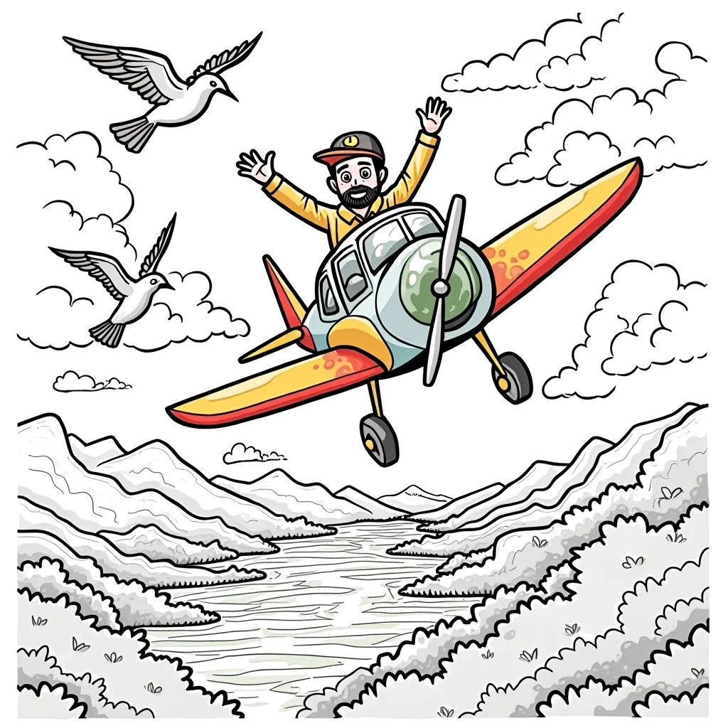 Coloring Page (colored): Pilot's Flight - A skilled pilot flies a bright airplane through fluffy clouds, waving to birds that fly alongside. Below, a beautiful landscape with fields, rivers, and mountains unfolds.