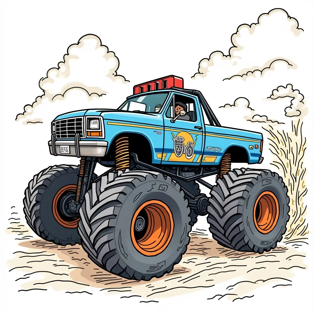 Coloring Page (colored): Monster Truck Rally - A huge monster truck with bright blue paint and flame decals ramping over a pile of colorful tires under a sunny sky.