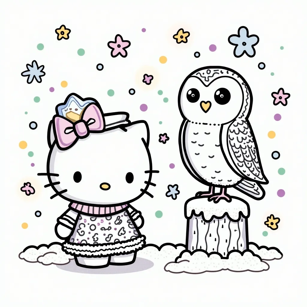 Coloring Page (colored): Hello Kitty and the Snowy Owl - Hello Kitty meeting a snowy owl perched on a snow-covered branch. The owl is mystical, with twinkling eyes, and soft snowflakes are falling around them.