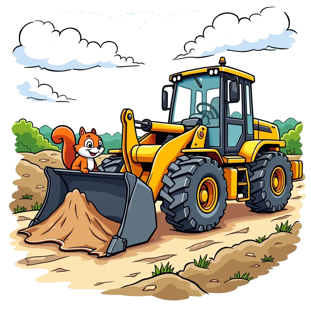 Coloring Page (colored): Bulldozer Building - A bulldozer is pushing dirt to create a flat surface for a new road. A cheerful squirrel is peeking out from behind a pile of dirt, curious about the bulldozer's work.