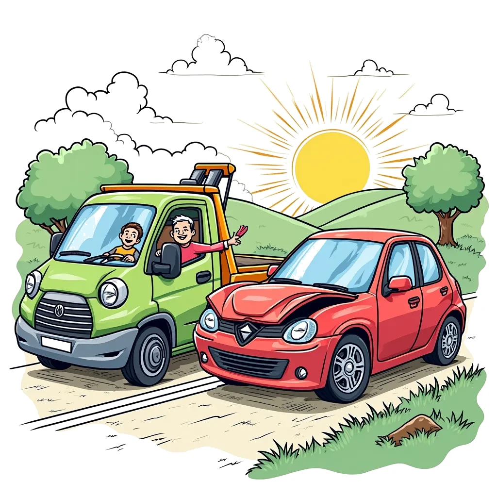 Coloring Page (colored): Tow Truck Helping a Car - A tow truck is assisting a broken-down car on the side of the road, with a friendly driver offering help. In the background, a sun is setting behind the hills.