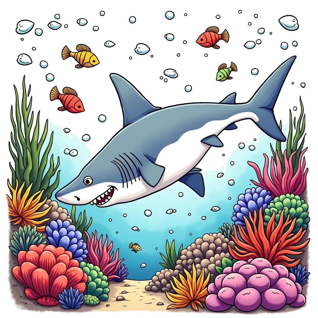 Coloring Page (colored): Shark Encounter - A great white shark gracefully swims through a coral reef, with colorful fish darting around. The shark's powerful body is contrasted against the delicate corals in the background.