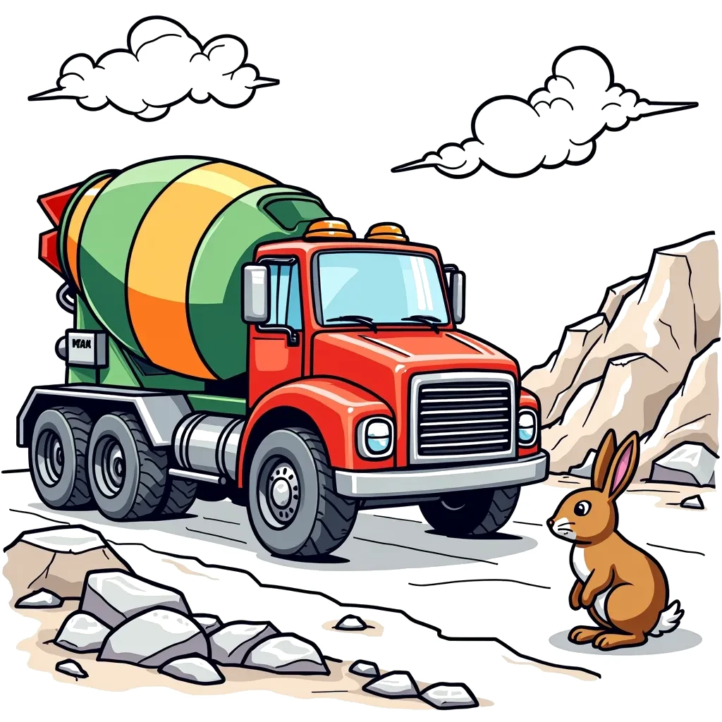 Coloring Page (colored): Cement Mixer Fun - Color a colorful cement mixer truck spinning its drum while parked on a construction site. Nearby, a small rabbit watches in awe at the big vehicle, intrigued by the noise it makes.