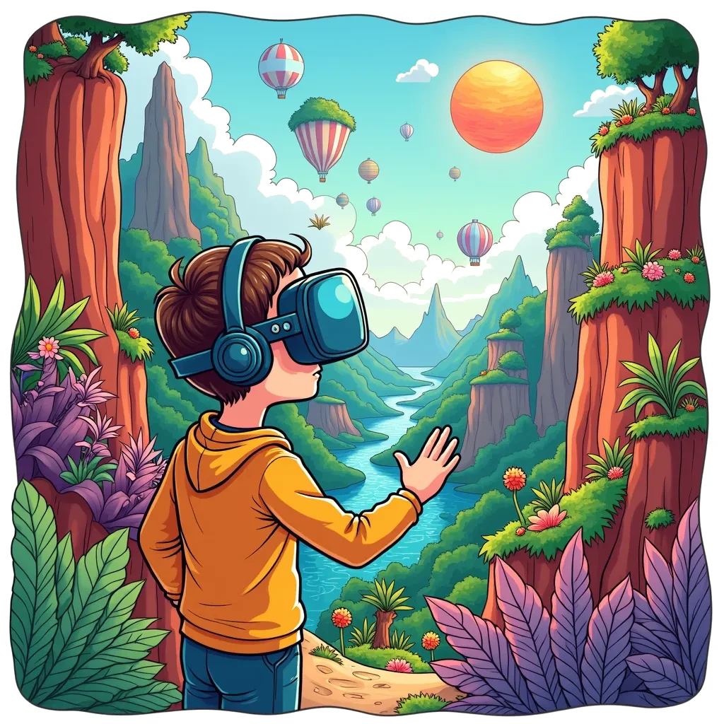 Coloring Page (colored): Virtual Reality Adventure - A person wearing a virtual reality headset, exploring a colorful digital landscape filled with floating islands and imaginative creatures. It's a scene of excitement and wonder.