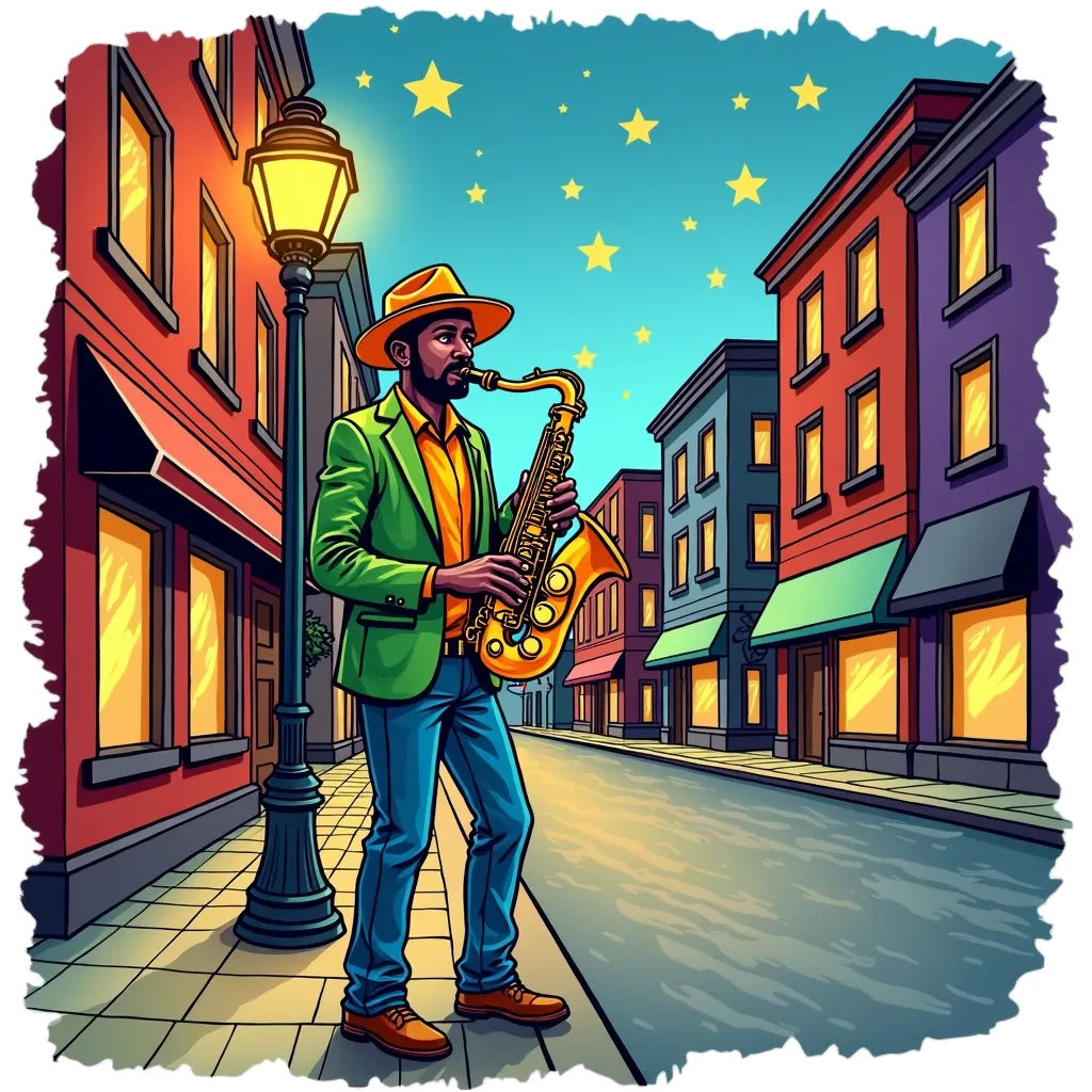 Coloring Page (colored): Saxophone Night - A jazz musician playing a saxophone under a streetlight on a lively city street, with stars twinkling above.