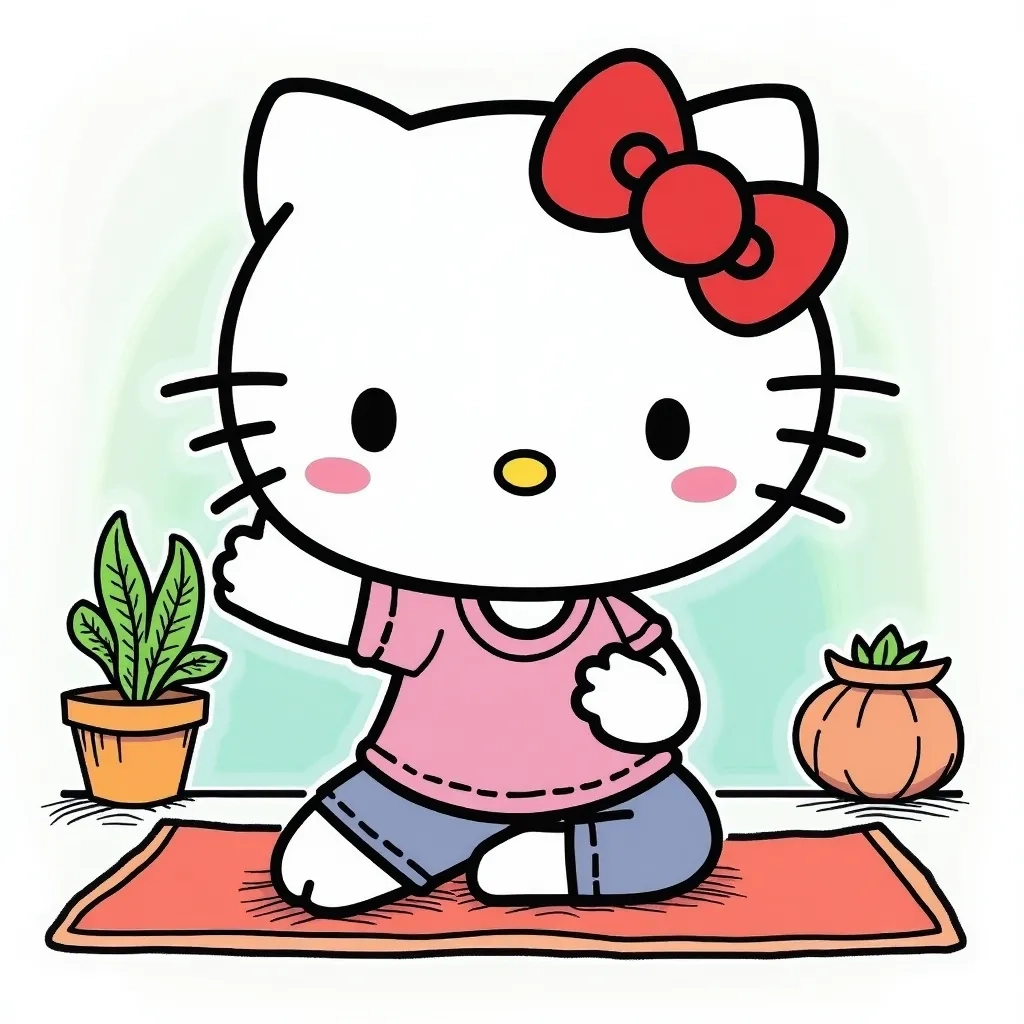 Coloring Page (colored): Hello Kitty in a Yoga Pose - Illustrate Hello Kitty practicing yoga in a serene park, wearing a colorful yoga outfit, with pastel mats and tranquility all around, while little birds sit on nearby branches.