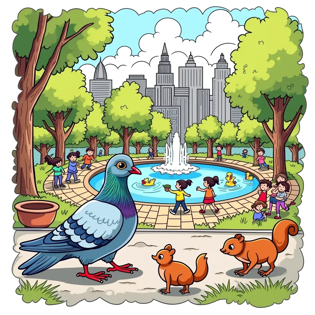 Coloring Page (colored): Pigeon’s City Adventure - A pigeon is exploring a bustling city park filled with children playing, trees swaying, and people feeding ducks. The scene includes a fountain, playful squirrels, and a street performer entertaining the crowd!