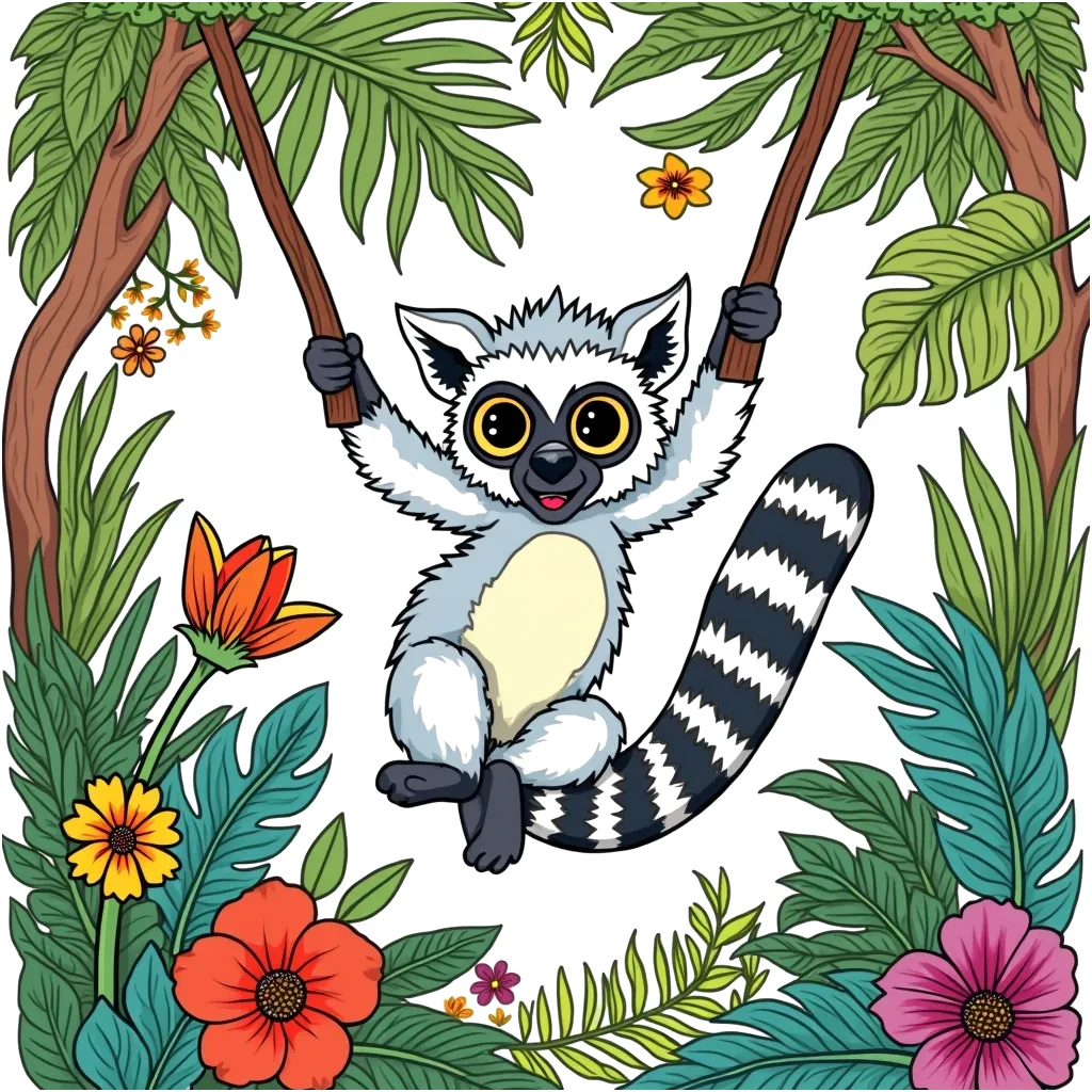 Coloring Page (colored): Lemur in a Tropical Forest - A playful lemur swings from tree to tree in a lush tropical forest, with vibrant leaves and colorful flowers surrounding it. The lemur looks curious and joyful, ready to explore its playful environment.