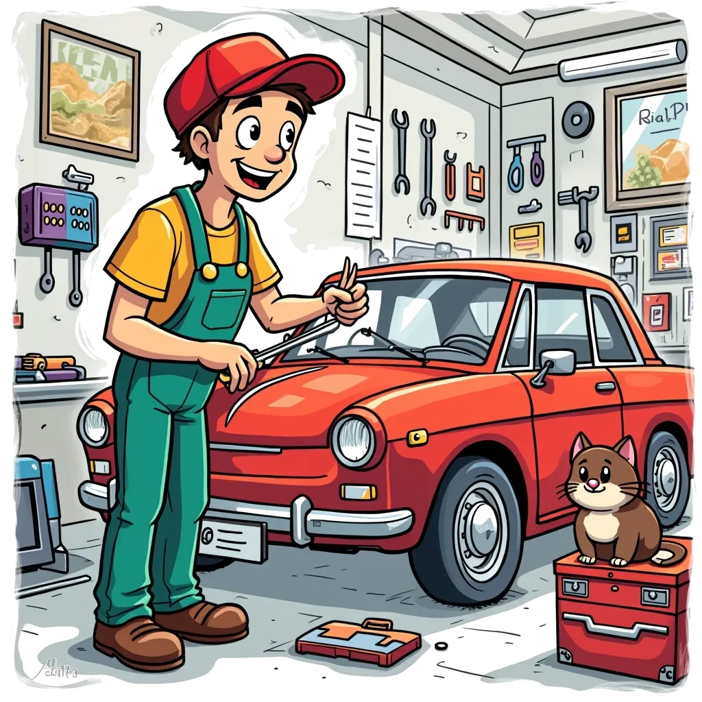 Coloring Page (colored): Mechanic's Workshop - A friendly mechanic working on a bright red car in a busy workshop. Tools are hanging on the walls, and there's a funny cat lounging on a toolbox, watching the action.