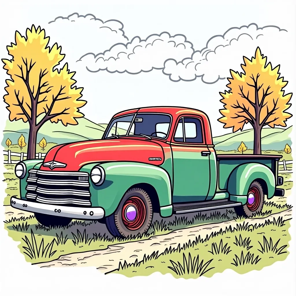 Coloring Page (colored): Farming Day - A vintage pickup truck parked in the middle of a colorful sunflower field, with bees buzzing and butterflies fluttering around.