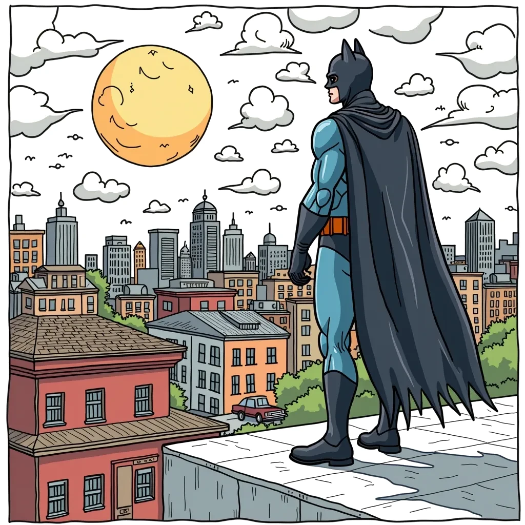 Coloring Page (colored): City Night Watch - A superhero stands on a rooftop, gazing over the city with a full moon in the background. The superhero wears a dark cape and mask, ready to jump into action.