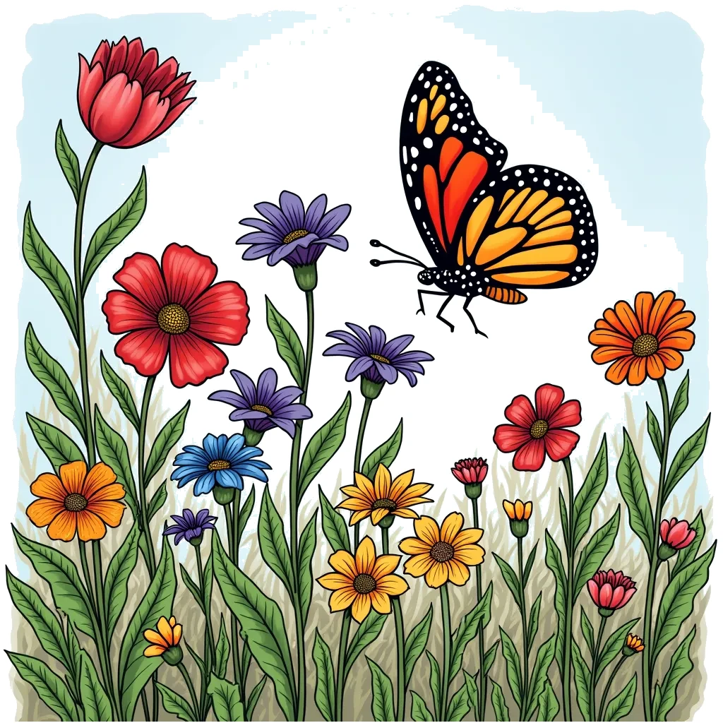 Coloring Page (colored): Butterfly Garden - A serene scene of a beautiful butterfly fluttering among vibrant flowers in a blooming garden, with a clear blue sky in the background.