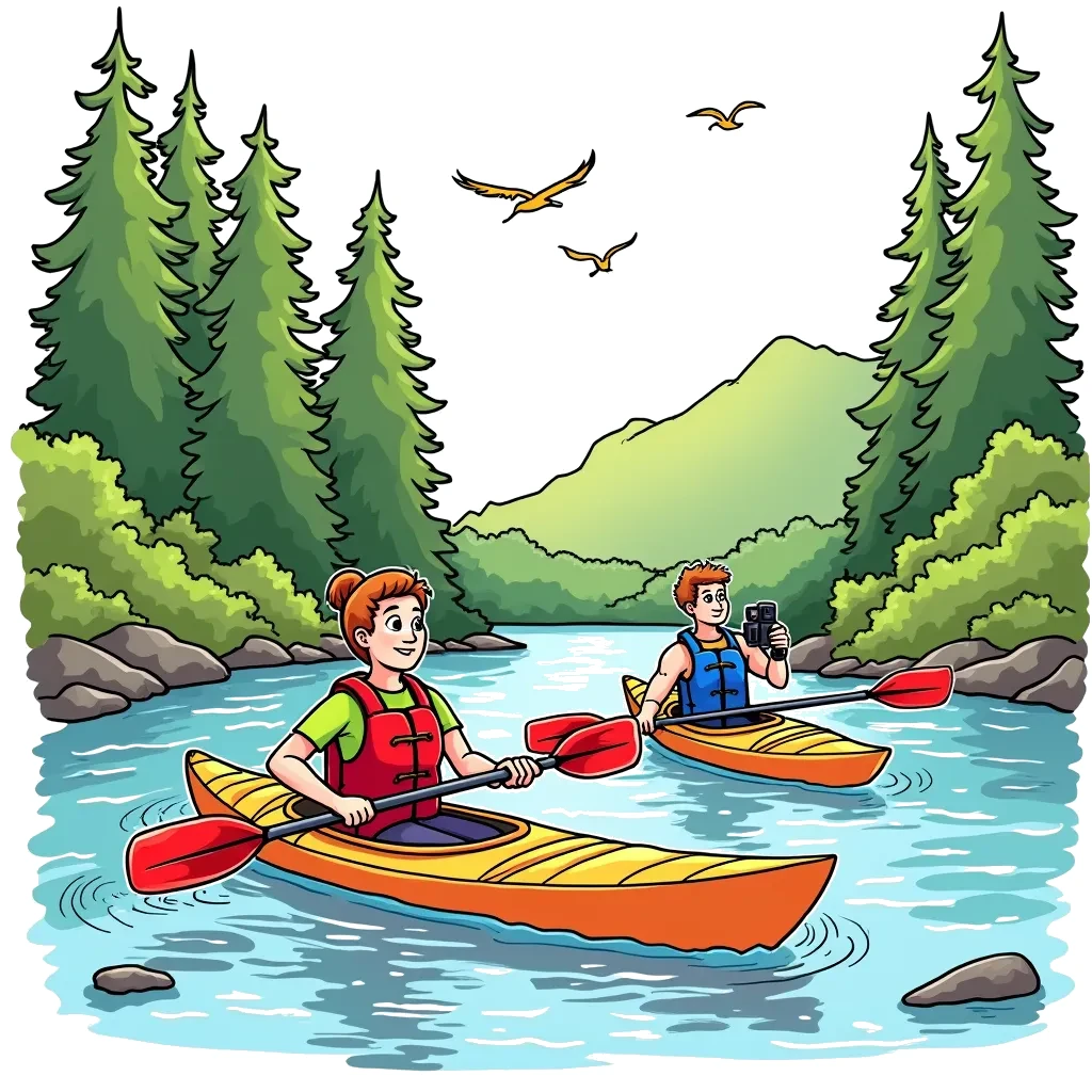 Coloring Page (colored): Serene Kayaking Adventure - A peaceful river scene where kayakers paddle through calm waters surrounded by lush greenery. In the background, tall trees sway gently, and birds can be seen flying above. One kayaker is capturing the moment with a camera, while another is enjoying the tranquility of nature, with a smile on their face.