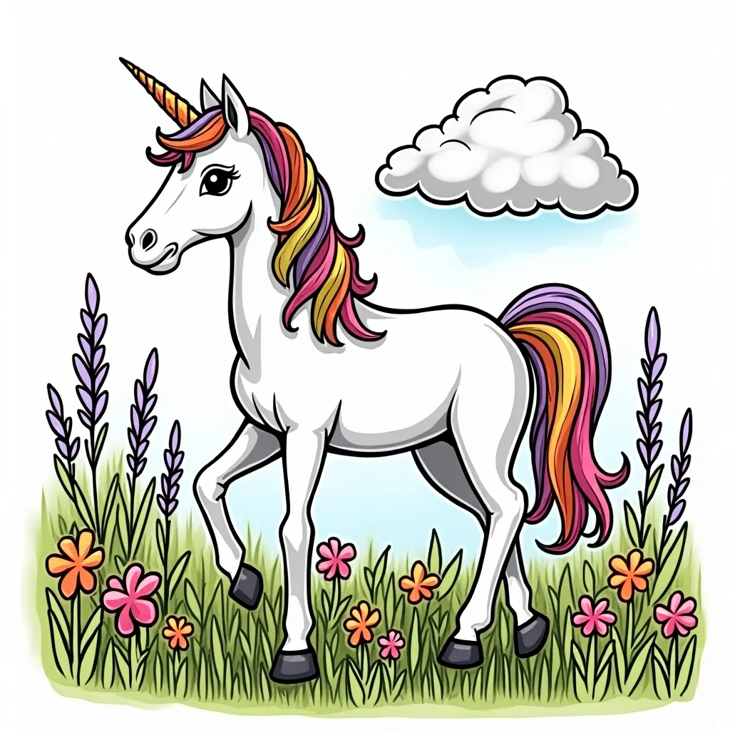 Coloring Page (colored): Unicorn in a Rainbow Meadow - A majestic unicorn standing in a vibrant meadow filled with colorful flowers. The unicorn's mane shimmers with all the colors of the rainbow, and butterflies flutter around it.