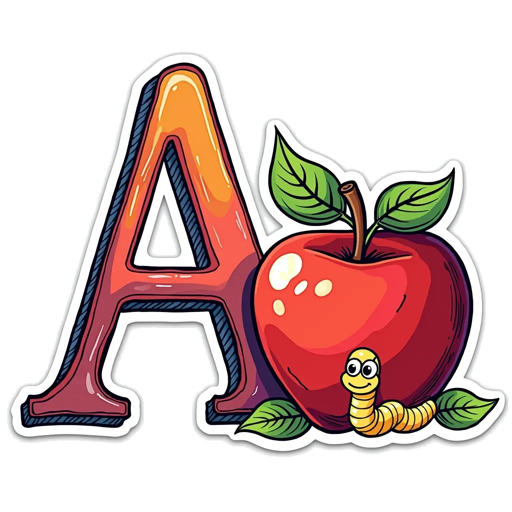 Coloring Page (colored): A is for Apple - A large, vibrant letter A next to a shiny red apple, with leaves and a small worm peeking out from the apple.