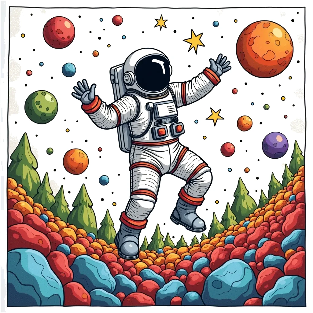 Coloring Page (colored): Dancing with Asteroids - An astronaut gracefully dancing among a field of asteroids, each asteroid having unique shapes and patterns. The scene is lively with shooting stars in the background.