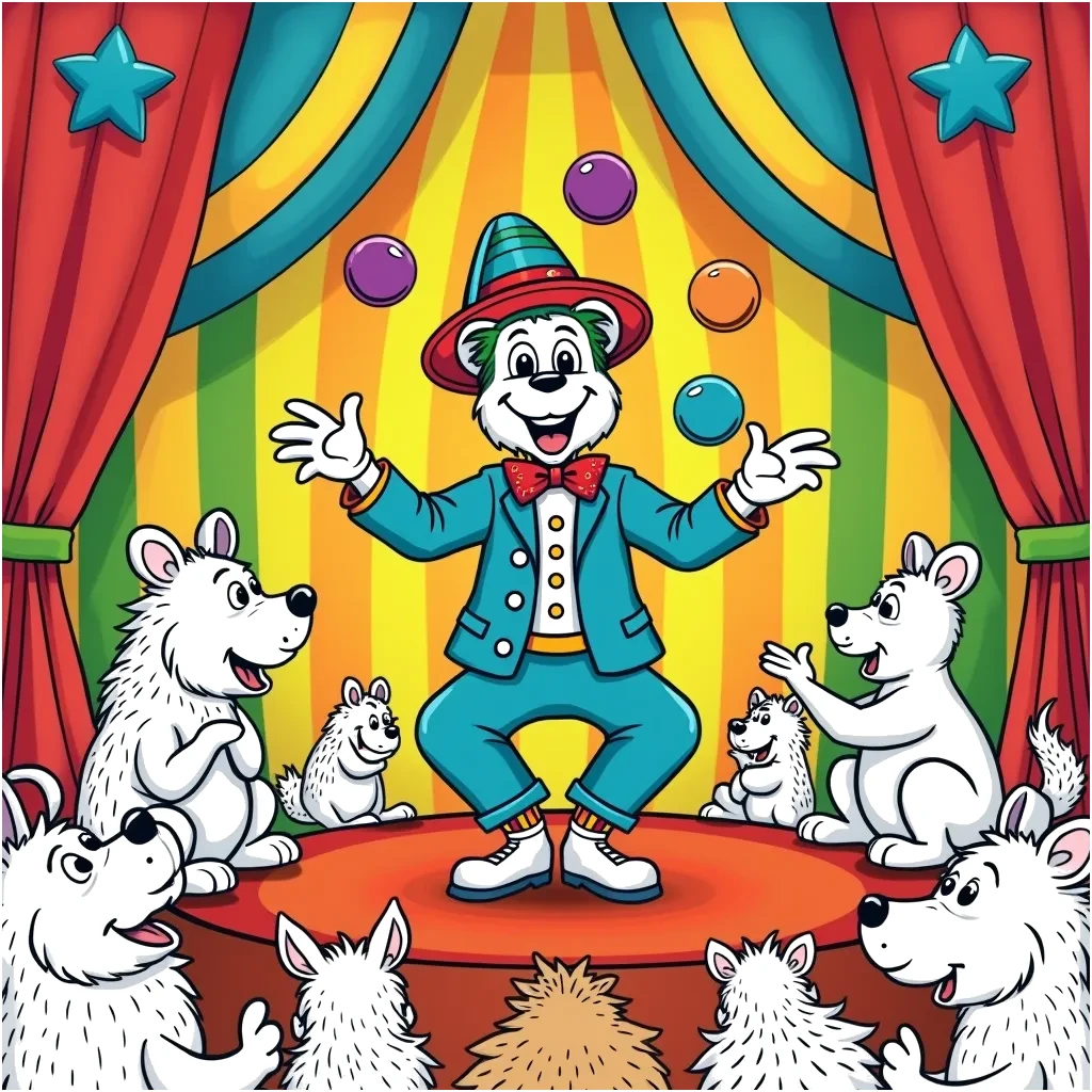 Coloring Page (colored): Circus Performer - A circus performer is juggling colorful balls on a bright circus stage with vibrant stripes in the background. A cheering audience of animals watches in amazement.