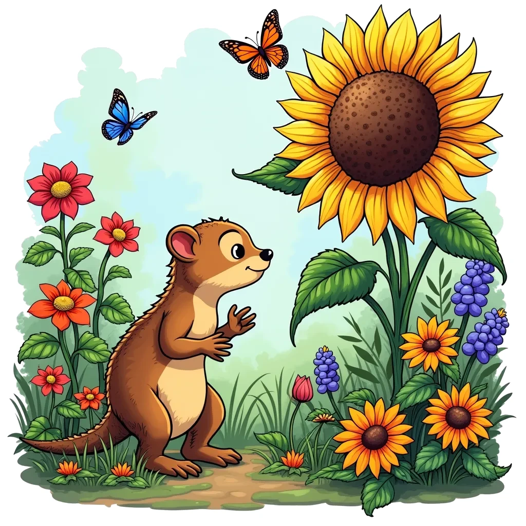 Coloring Page (colored): Mongoose in the Garden - A playful mongoose explores a lush garden filled with colorful flowers and butterflies fluttering around, peeking out from behind a big sunflower.