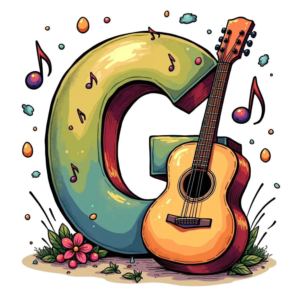 Coloring Page (colored): Letter G and a Guitar - The letter 'G' is illustrated with a classic acoustic guitar leaning against it. Musical notes float around to give a lively feeling, suggesting a fun jam session.