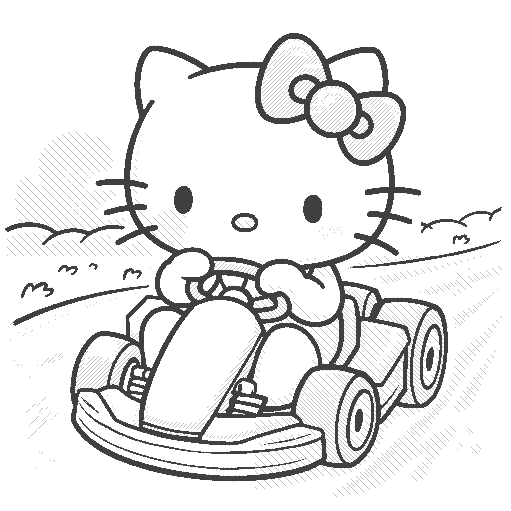 Coloring Page: Hello Kitty At The Race Track - Show Hello Kitty in a go-kart racing on a winding track, with a colorful checkered flag and cheering friends in the background.