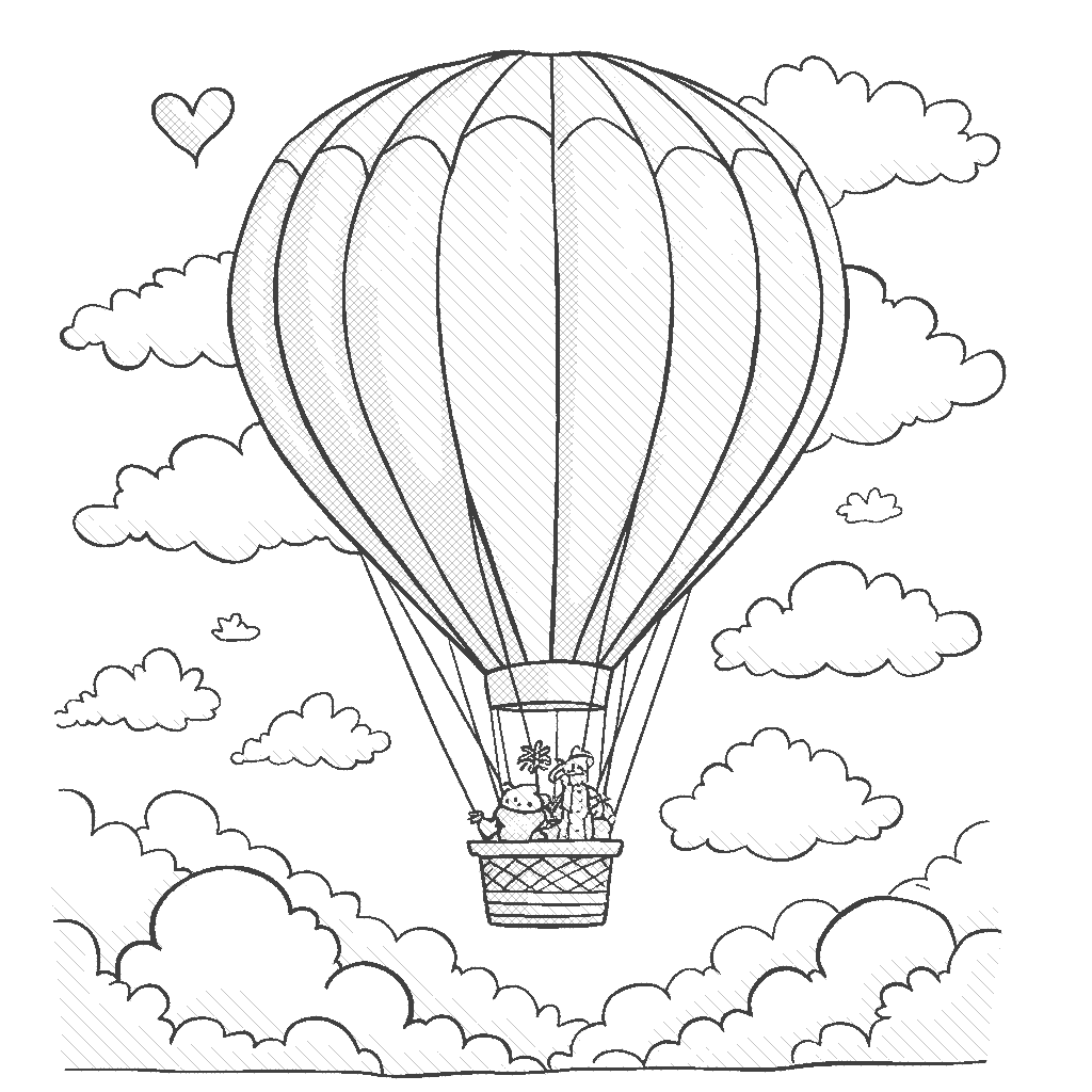 Coloring Page: Fantasy Flight - A giant hot air balloon resembling a whimsical dragon, gracefully floating among the stars and moon during a clear night.