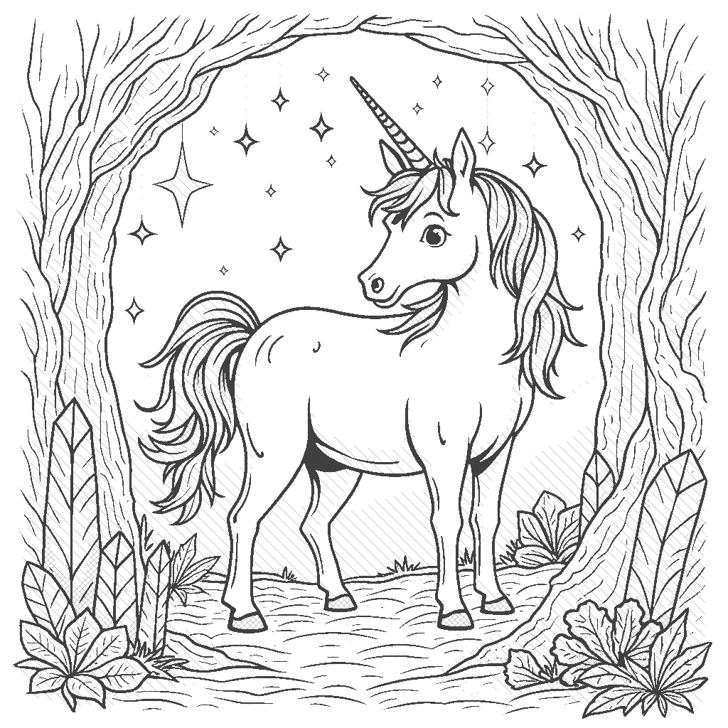 Coloring Page: Unicorn and the Crystal Cave - A unicorn exploring a sparkling crystal cave, with colorful crystals of purple, blue, and green surrounding it, casting beautiful reflections on the unicorn's coat.