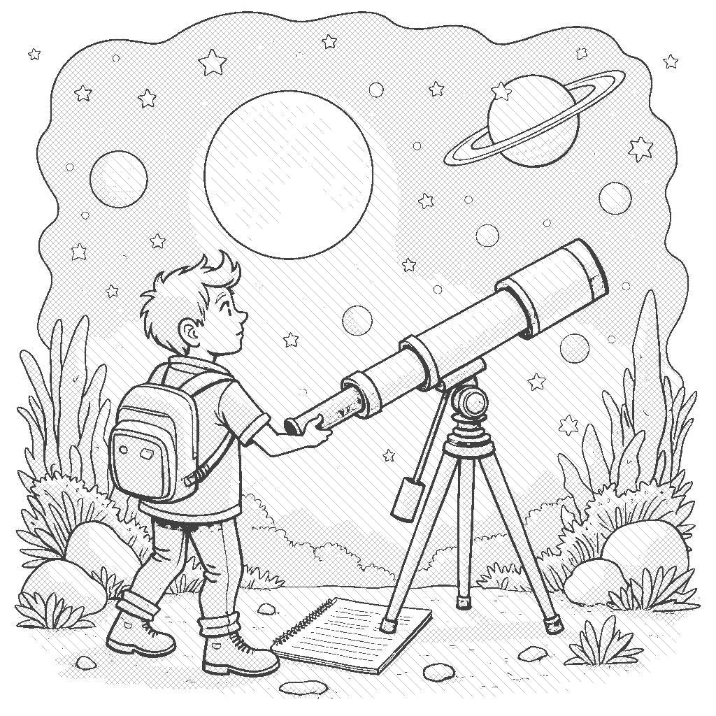Coloring Page: Astronomer Stargazing - An astronomer is looking through a telescope at the night sky filled with stars and planets, with a notebook and sketches of celestial bodies beside them. A large moon is visible in the background.