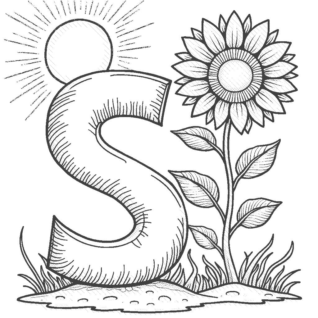 Coloring Page: S is for Sunflower - A tall sunflower standing proudly next to the letter S, with a bright sun shining in the background.