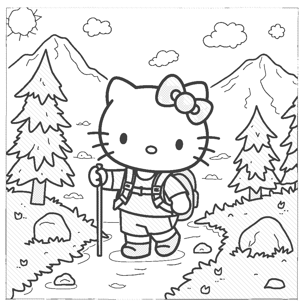 Coloring Page: Hello Kitty Hiking - Depict Hello Kitty hiking a scenic trail on a bright sunny day, wearing a cute backpack and surrounded by lush green trees and bright flowers.