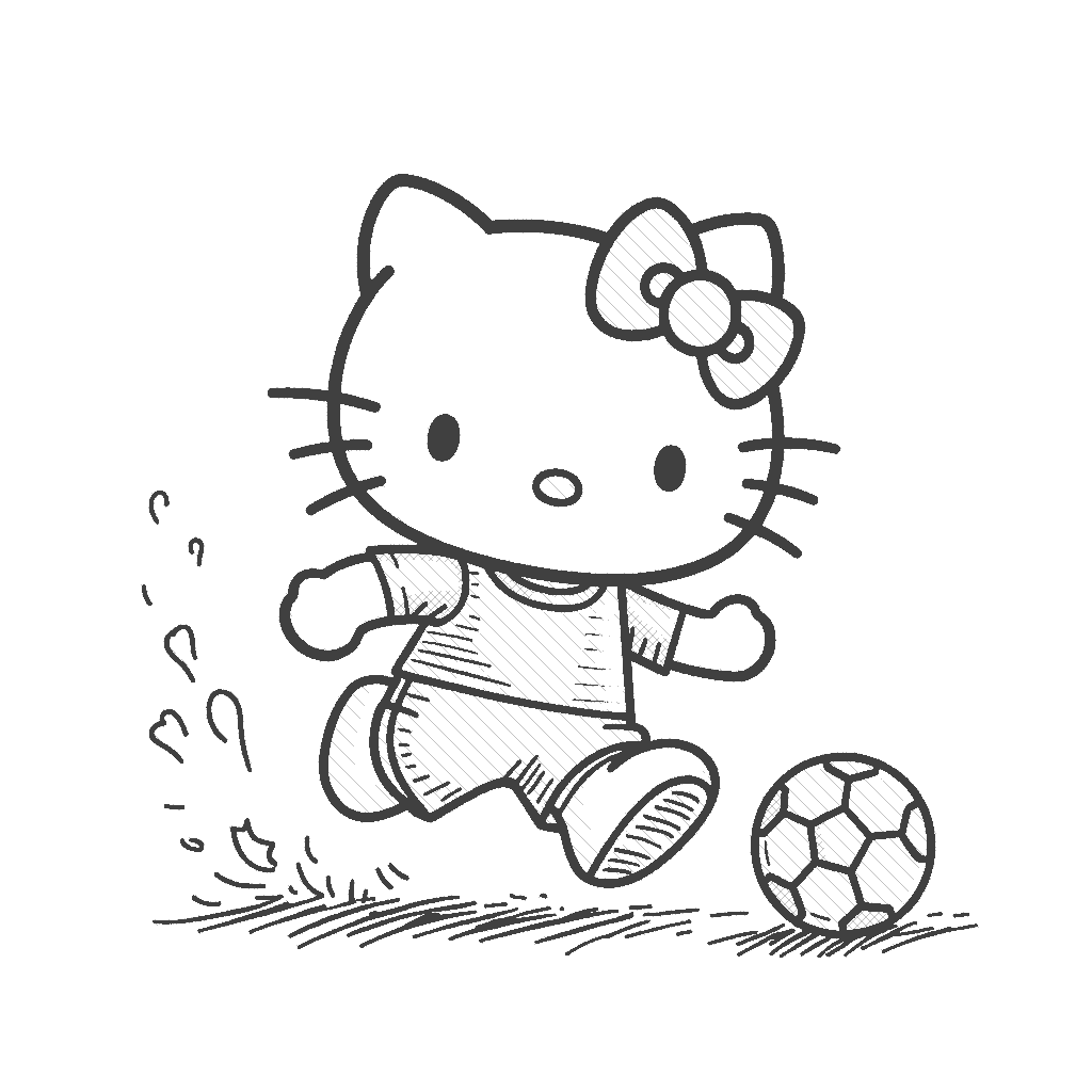 Coloring Page: Hello Kitty Playing Soccer - Illustrate Hello Kitty dribbling a soccer ball on a vibrant green field, wearing a bright red jersey and cute cleats, surrounded by colorful flowers and cheering animal friends.