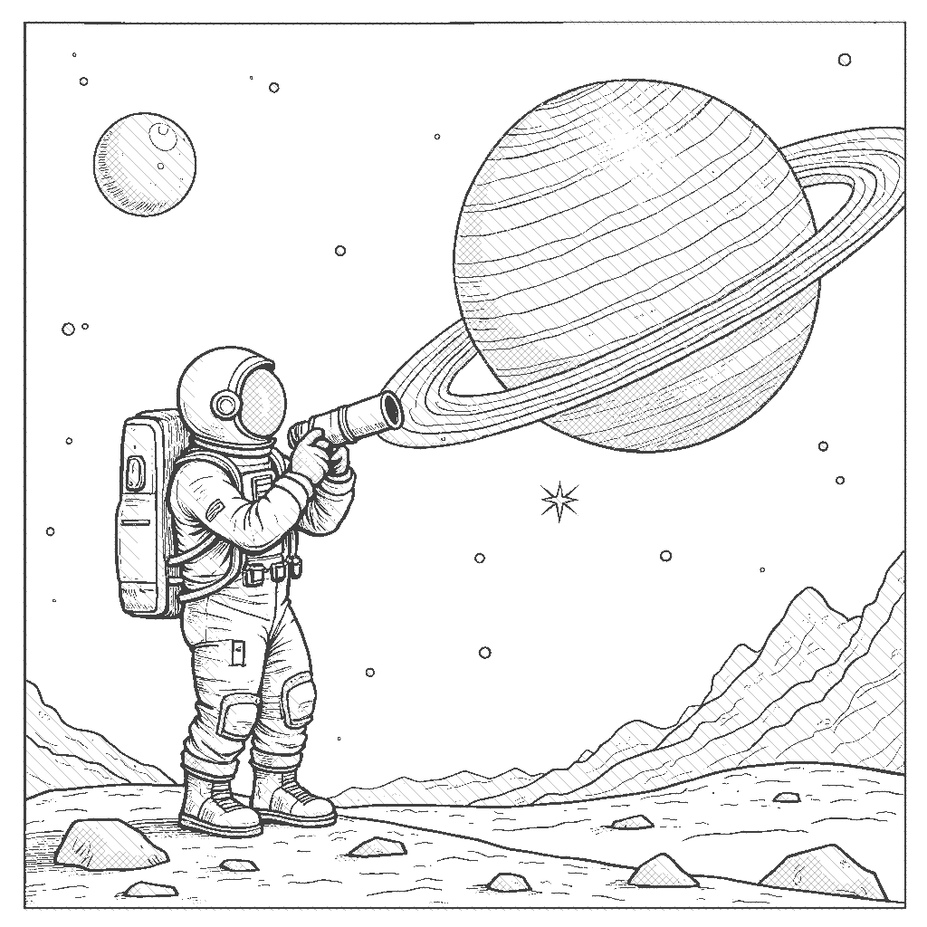 Coloring Page: The Planet Observation - An astronaut standing on a tiny moon, gazing through a telescope at a giant, colorful planet with rings. The tranquility of space is reflected in the astronaut's focused expression.