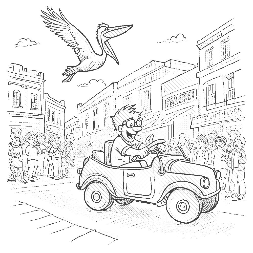 Coloring Page: Pedal Cab Race - In a bustling city square, a pedal cab driver competes in a friendly race with a speedy pelican flying overhead. Excited children cheer and wave flags as they watch the fun unfold.
