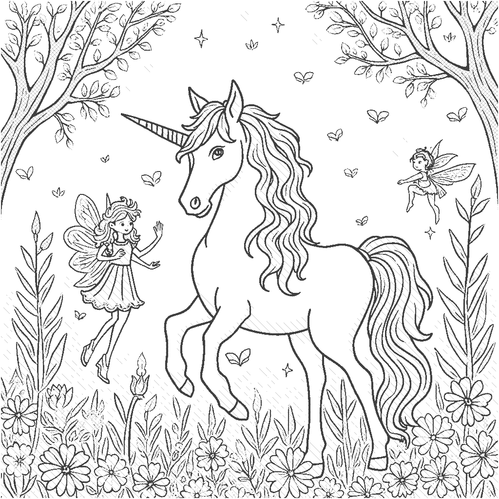 Coloring Page: Unicorn and the Flower Fairies - An enchanting scene where a unicorn interacts playfully with tiny flower fairies in a blooming garden. The fairies are dancing around the unicorn, who is surrounded by colorful blossoms and twinkling lights in the evening sky.