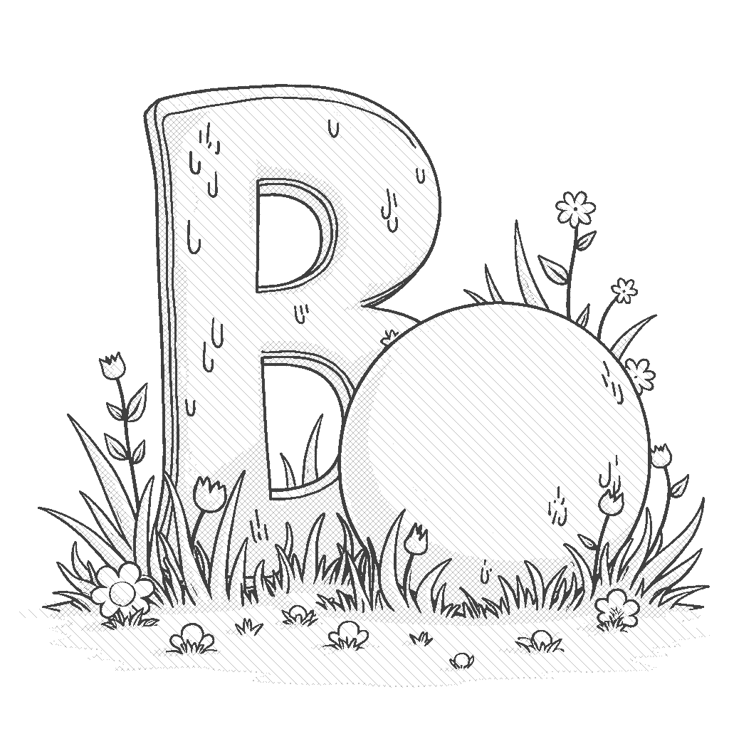 Coloring Page: B is for Ball - The letter 'B' is playfully leaning against a bright orange ball, surrounded by grass and small flowers.