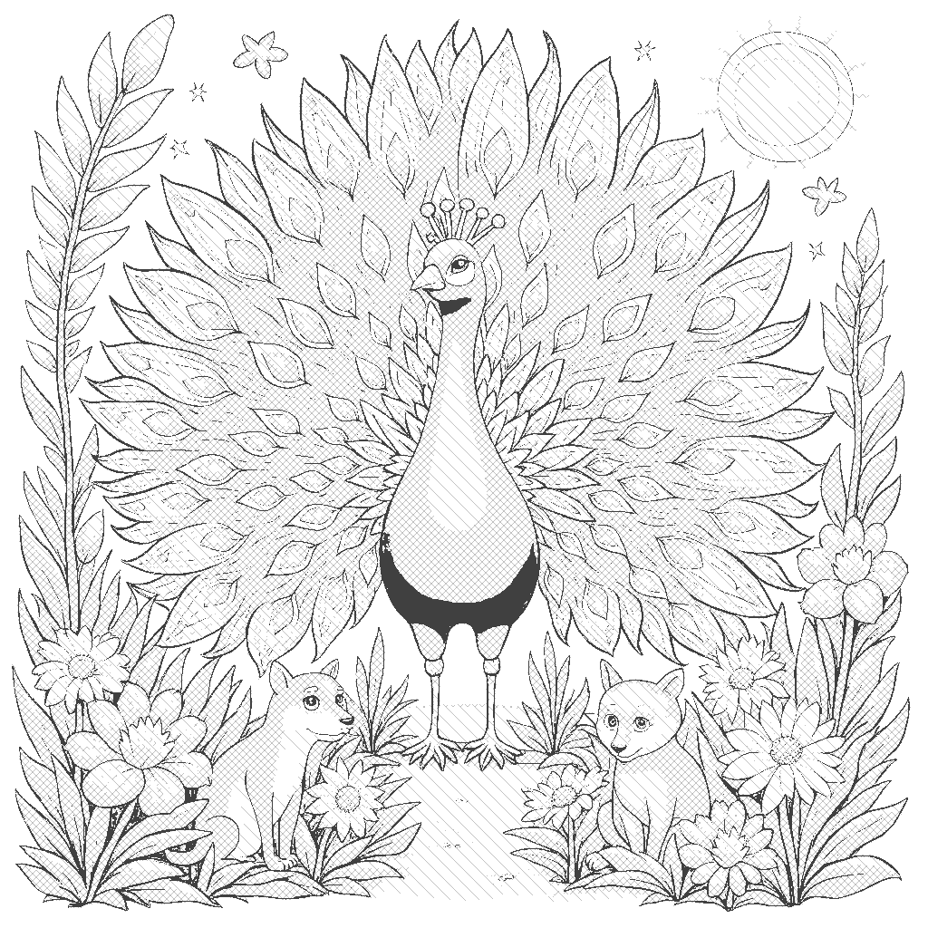 Coloring Page: Peacock's Colorful Show - A dazzling peacock spreads its magnificent feathers in a garden filled with vibrant flowers and curious animals watching in awe. The sun shines brightly, enhancing the colors.