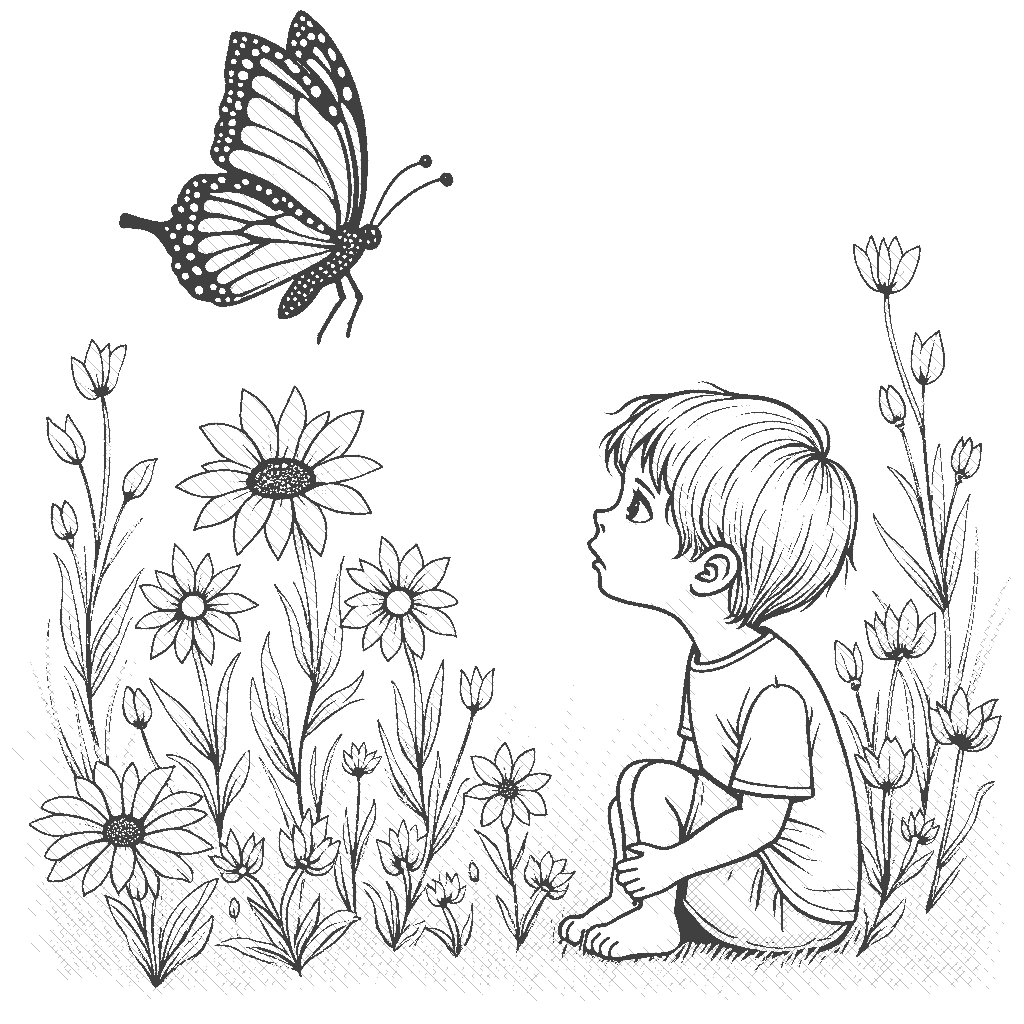 Coloring Page: Butterfly Garden - A colorful butterfly fluttering above a garden filled with bright flowers, while a child sits nearby, trying to catch a glimpse of its delicate wings.
