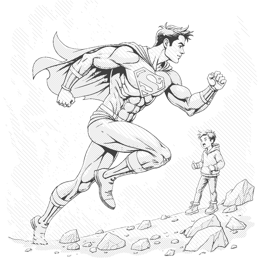 Coloring Page: The Fastest Hero - A superhero running at lightning speed, leaving a trail of energy behind, with a shocked onlooker watching.