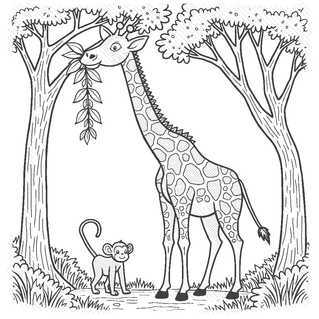 Coloring Page: Giraffe's Leafy Snack - A tall giraffe stretching its neck to reach high branches, munching on fresh leaves. A curious little monkey is watching from a nearby tree.