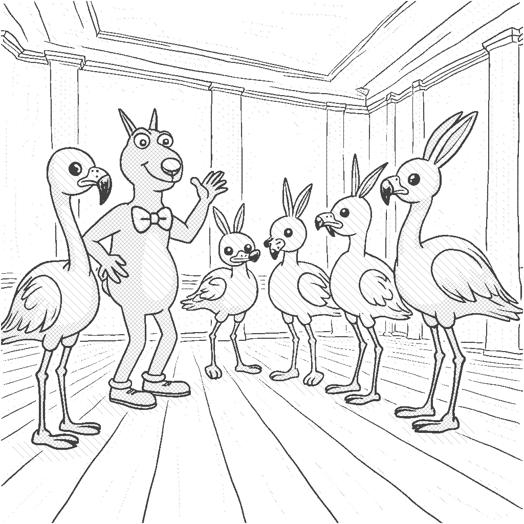 Coloring Page: The Choreographer's Dance Class - A lively choreographer teaching a group of eager animals how to dance in a spacious studio with mirrors. Animals like flamingos and bunnies are trying to follow along with amusing expressions.