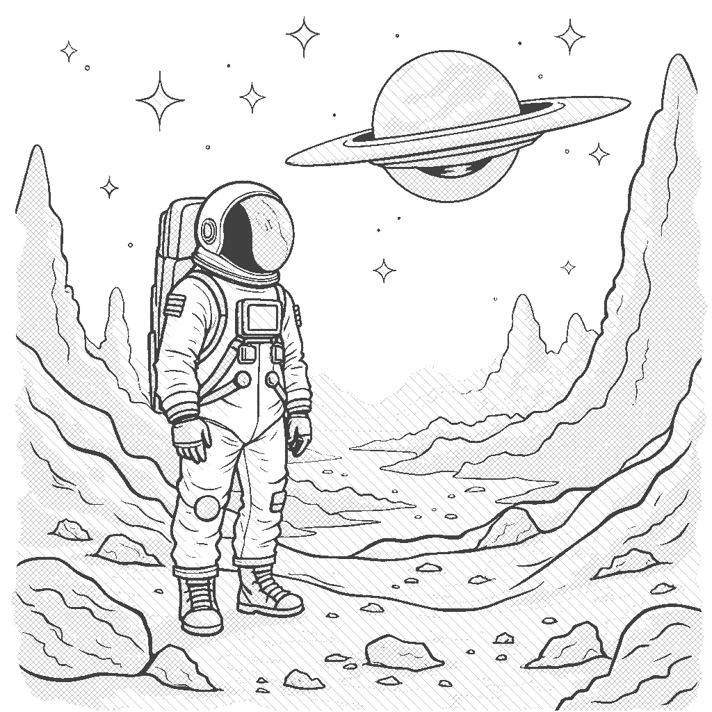 Coloring Page: Astronaut on a Planet - An astronaut stands on the surface of a colorful alien planet, gazing at the stars with a futuristic spaceship in the background.