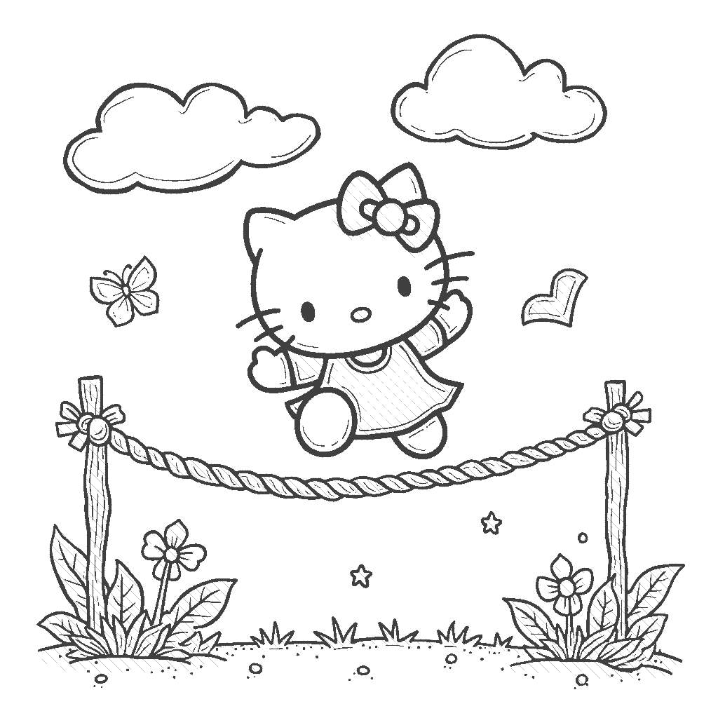 Coloring Page: Hello Kitty Jumping Rope - Create a scene of Hello Kitty happily jumping rope in a sunny park, surrounded by colorful flowers, with friendly bunnies cheering her on.